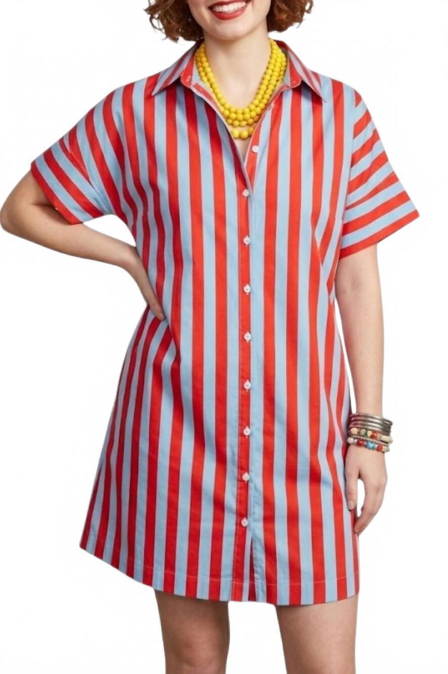 NEW THML striped short sleeve button up dress in blue and red